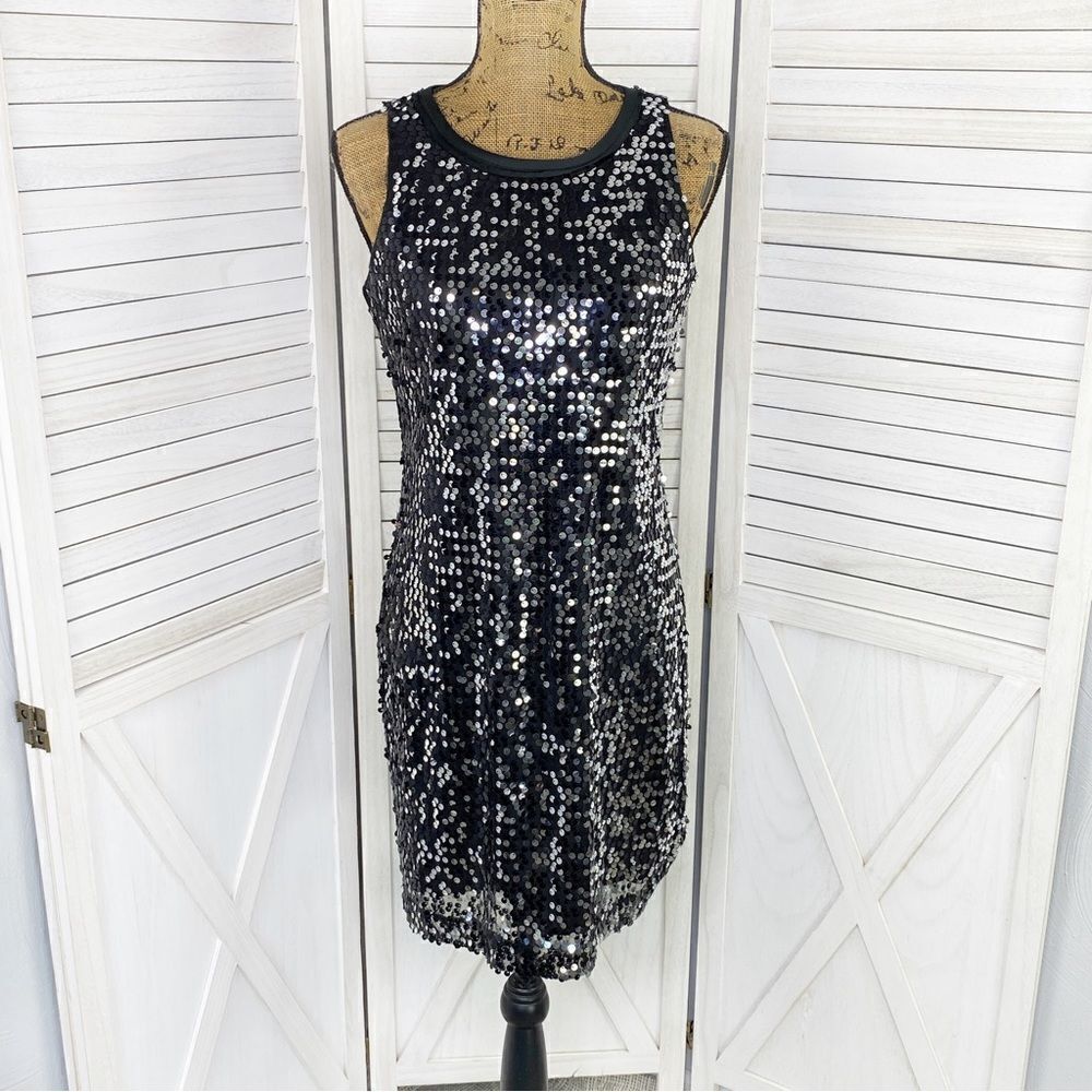 Banana Republic Sequin Sleeveless Shift Party Cocktail Dress Silver Black 2